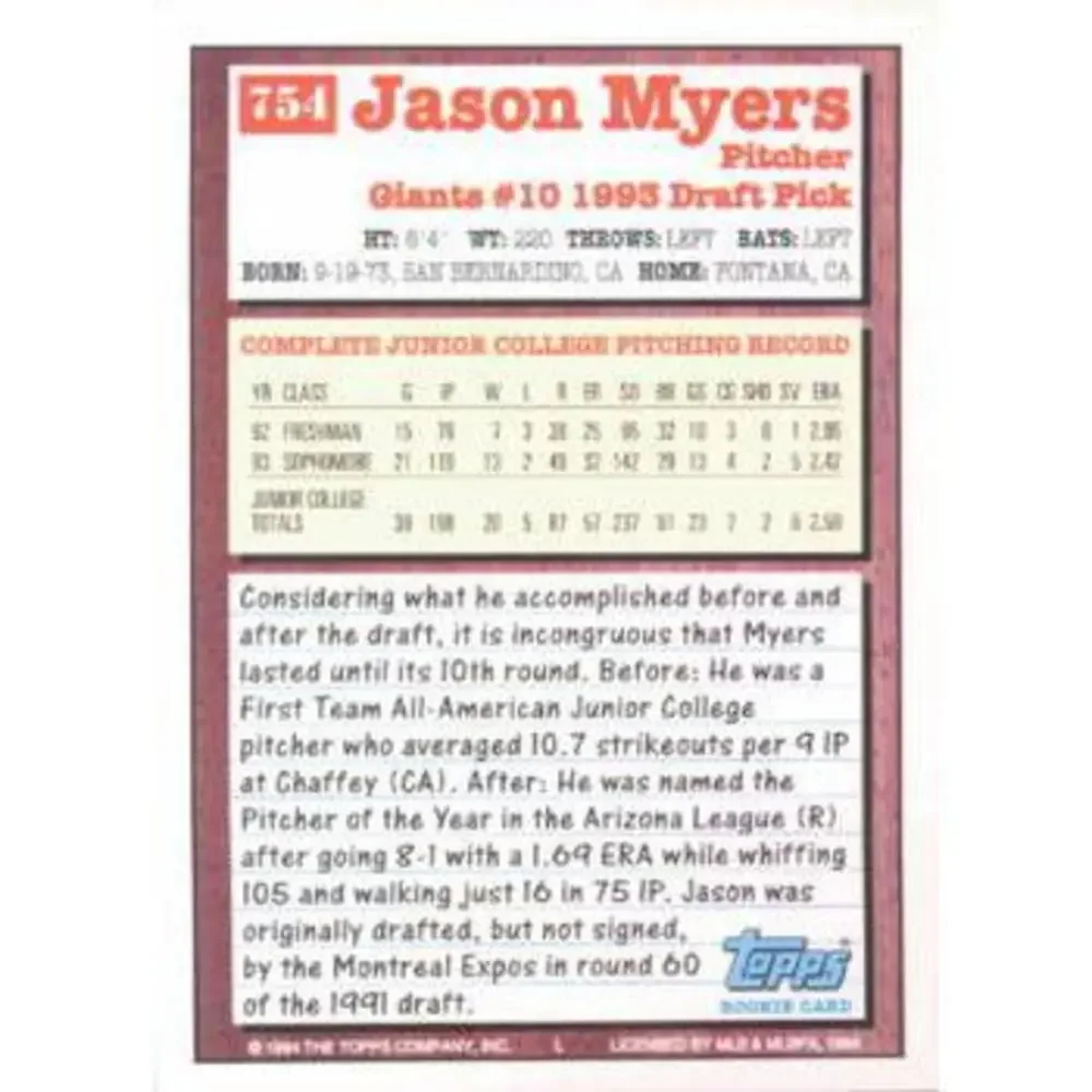1994 Topps Jason Myers DPK, RC # 754 San Francisco Giants